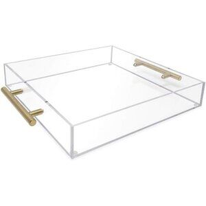 Clear Acrylic Serving Tray (12x12) with Gold Metal Handles, Spill-Proof